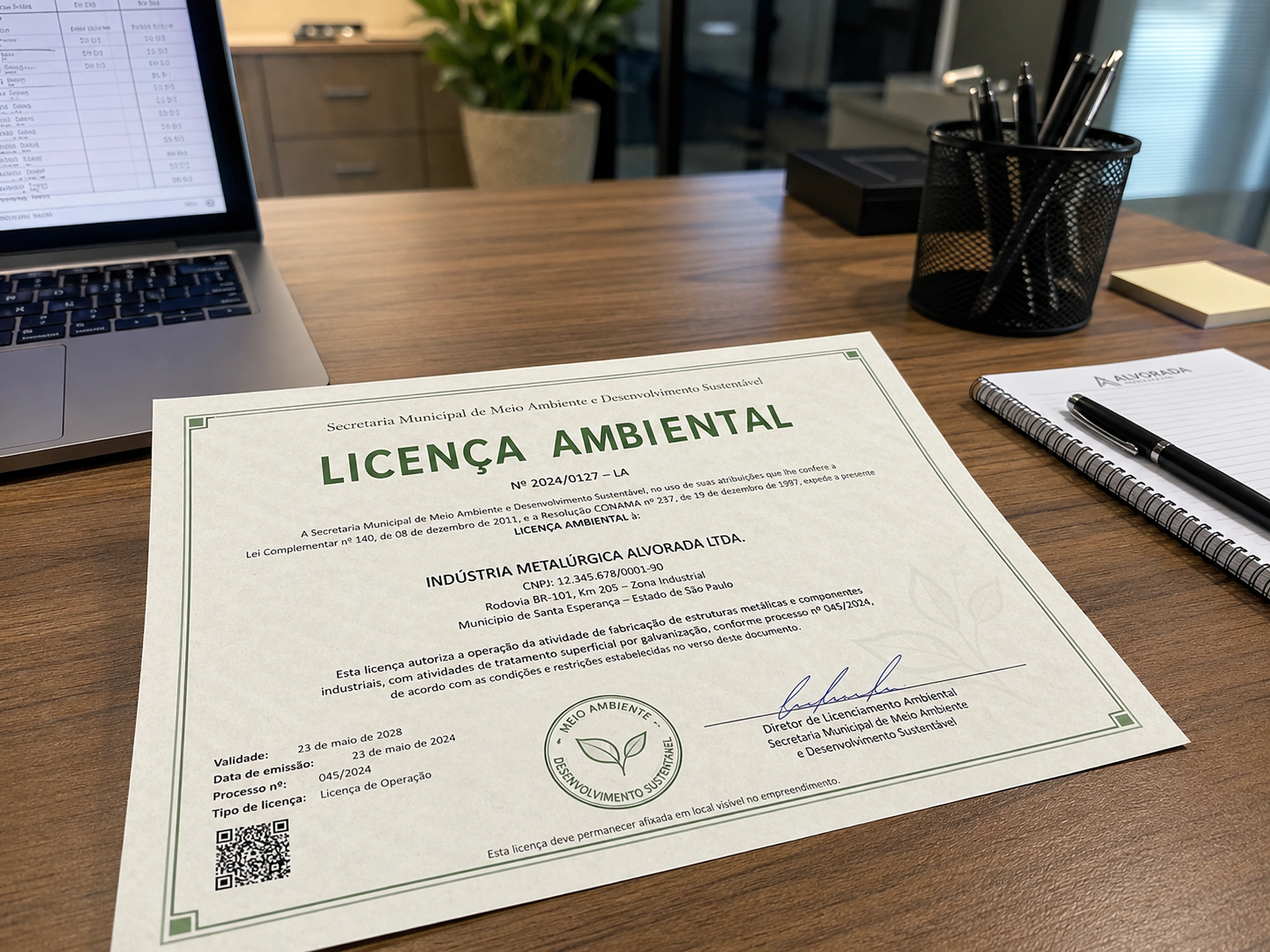 Documento de licença ambiental sobre mesa de trabalho