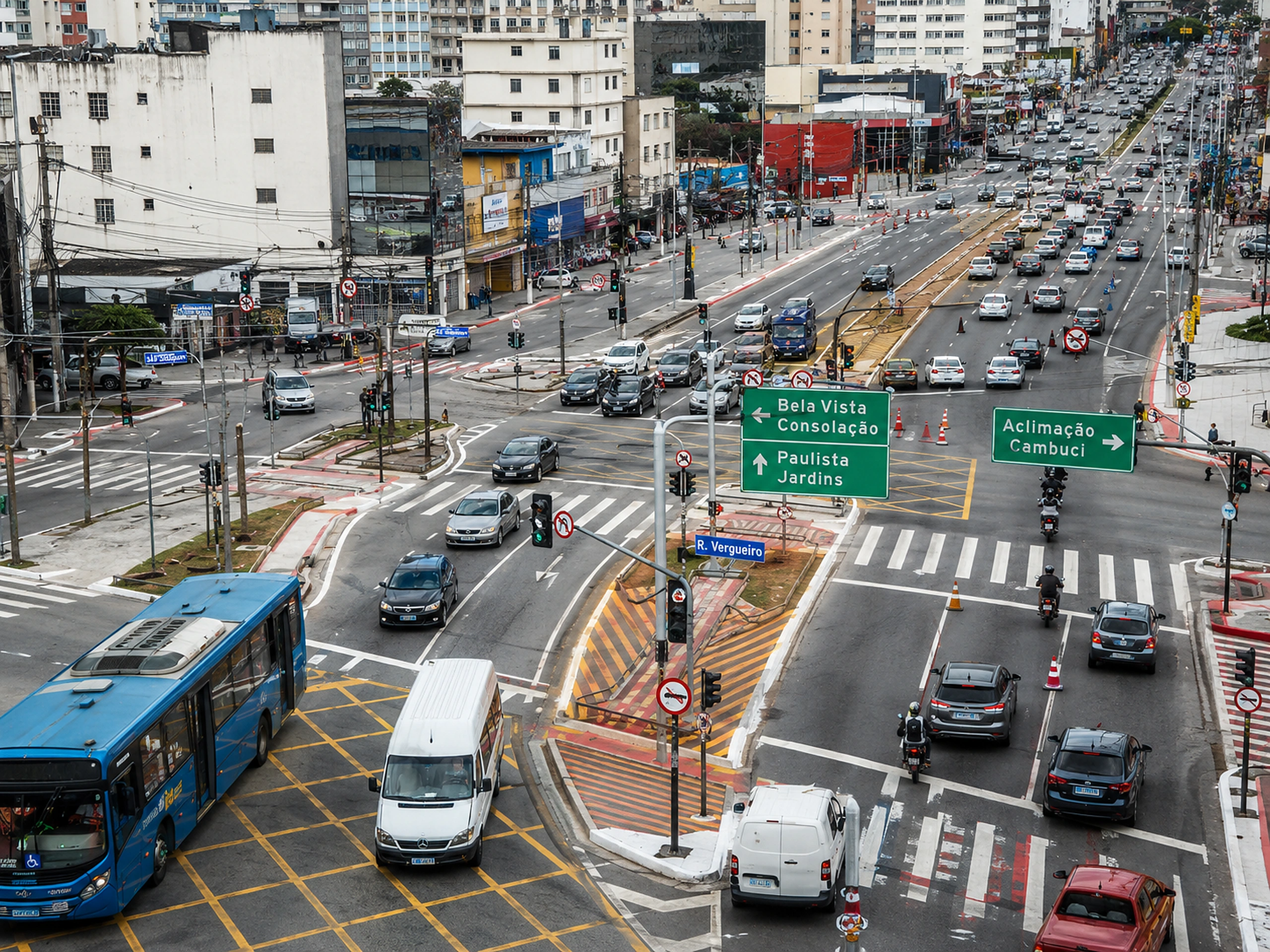 Cruzamento urbano com fluxo de veículos e ônibus